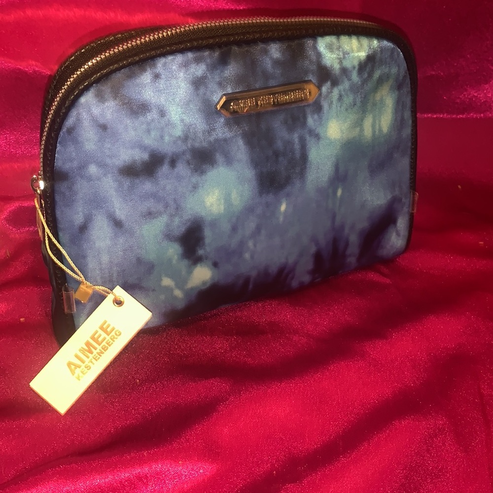 NWT Aimee Kestenburg cosmetics case blue and black heavy zip up 10x7” BIG